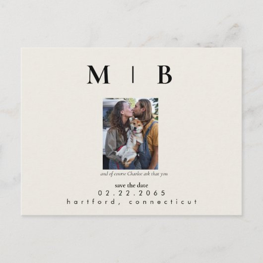 ペットフォトモノグラムクリーム日付結婚を保存 案内ポストカード (正面)