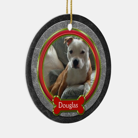 ペットフォトレッドグリーングレーレザークリスマス セラミックオーナメント (右)