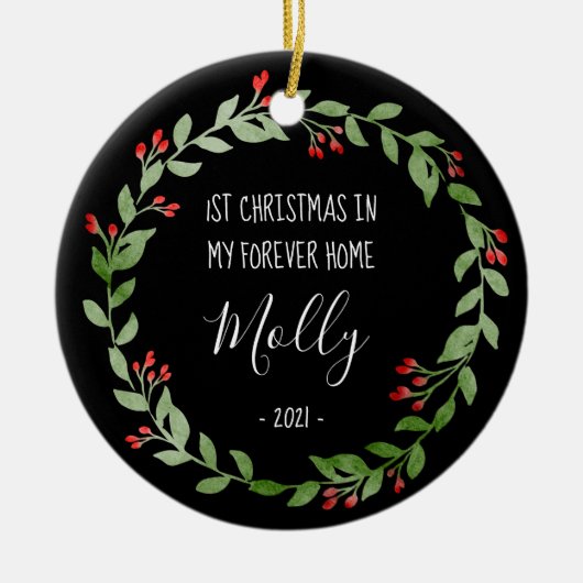 ペットフォト初めてのクリスマスインニューホーム白黒 セラミックオーナメント (正面)