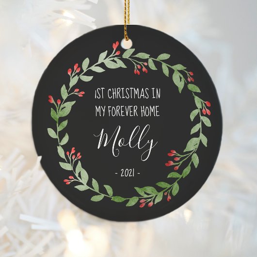 ペットフォト初めてのクリスマスインニューホーム白黒 セラミックオーナメント