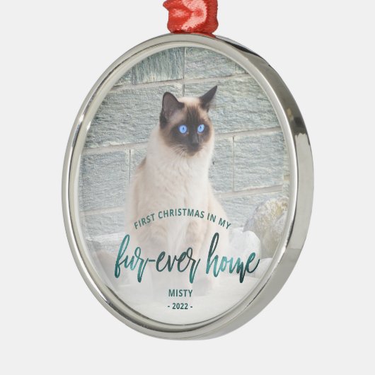 ペットフォト初めてのクリスマスフォーエバーホームティール（緑がかった色）グリーン メタルオーナメント (左)