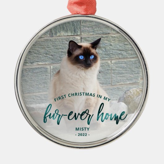 ペットフォト初めてのクリスマスフォーエバーホームティール（緑がかった色）グリーン メタルオーナメント (正面)