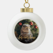 ペットフォト初めてのクリスマスフォーエバーホーム金ゴールドスクリプト セラミックボールオーナメント (正面)