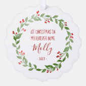 ペットフォト初めてのクリスマスリースレッド文字 オーナメントカード (正面)