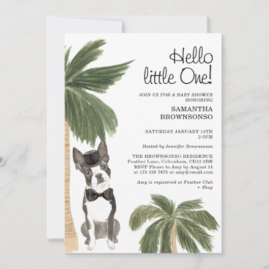 ペットベイビーシャワー男子ルーラルボストンテリア犬 招待状 (正面)