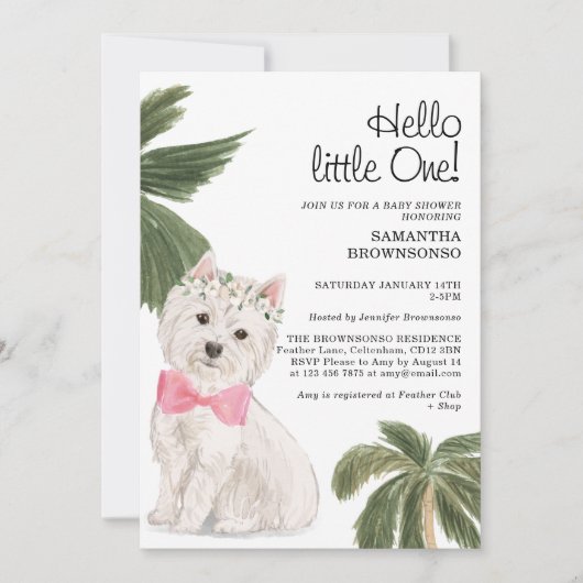 ペットベビーシャワーガールトロピカルウェスティードッグ 招待状 (正面)