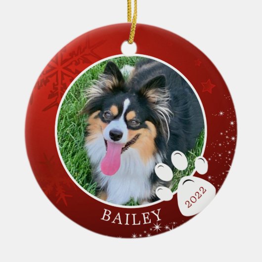 ペットポープリントクリスマスレッドスノーフレークスターズ写真 セラミックオーナメント (正面)