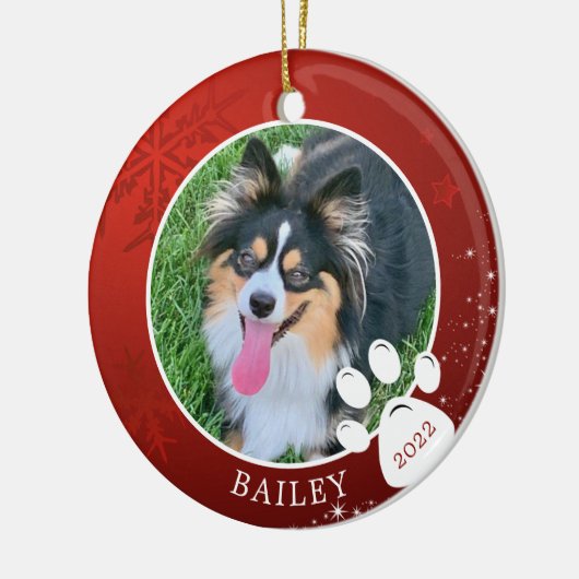 ペットポープリントクリスマスレッドスノーフレークスターズ写真 セラミックオーナメント (左)