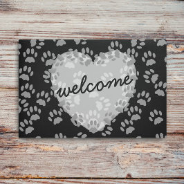 ペットポープリントハートウェルカム白黒形式 ドアマット