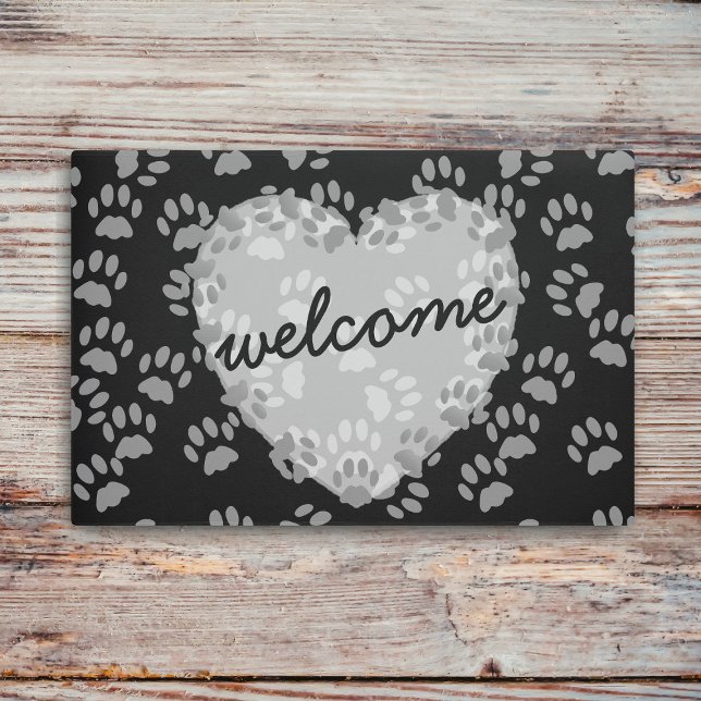 ペットポープリントハートウェルカム白黒形式 ドアマット (Paw Print Welcome Doormat just for you)