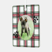 ペットメモリアルフォト 赤チェック柄 個人名入り メタルオーナメント (正面左)