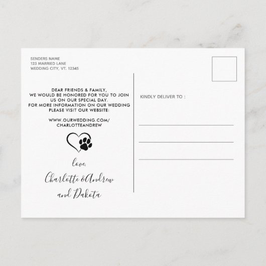 ペットモダンの結婚写真犬が日付を保存 案内ポストカード (裏面)