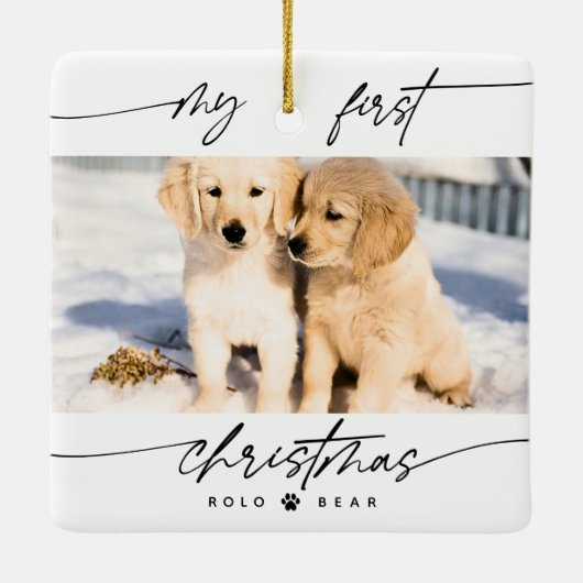 ペットモダン恋人の私たちの初めてのクリスマス写真 セラミックオーナメント (裏面)