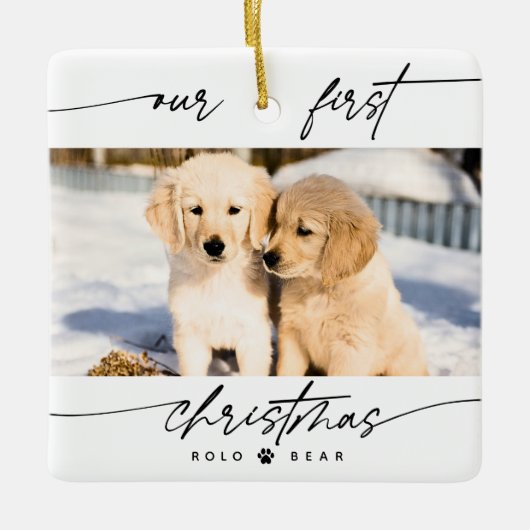 ペットモダン恋人の私たちの初めてのクリスマス写真 セラミックオーナメント (正面)