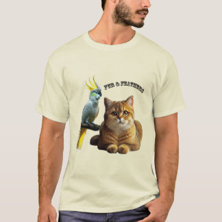 ペットラバーブリティッシュ・ショートヘア猫&コカトー鳥 Tシャツ