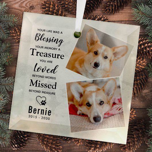 ペットロスパーソナライズされたドッグモダンメモリアル2写真 ガラスオーナメント