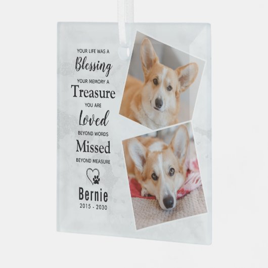 ペットロスパーソナライズされたドッグモダンメモリアル2写真 ガラスオーナメント (正面左)