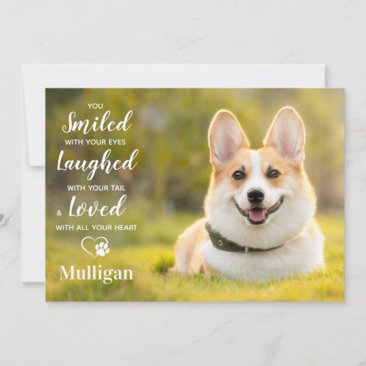 ペットロスモダン写真パーソナライズされた犬記念碑 サンキューカード (正面)