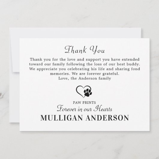 ペットロスモダン写真パーソナライズされた犬記念碑 サンキューカード (裏面)