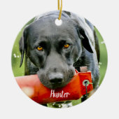 ペットロス犬写真赤バッファロープレイドペット記念 セラミックオーナメント (正面)