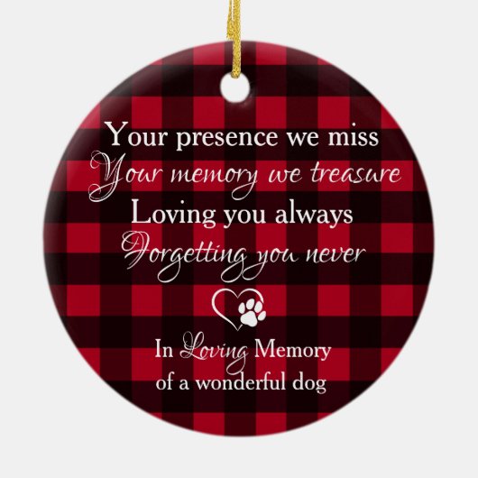 ペットロス犬写真赤バッファロープレイドペット記念 セラミックオーナメント (裏面)