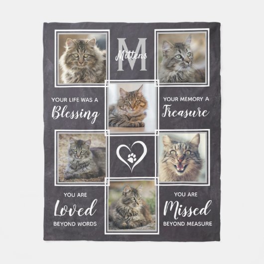 ペットロス猫メモリアルユニークギフト写真コラージュ フリースブランケット (正面)