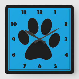 ペット中型の青いPawprintの時計の時間 スクエア壁時計