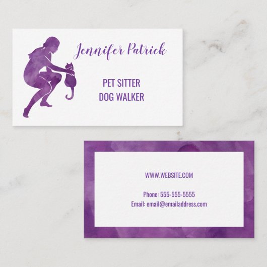 ペット付き添いのドッグウォーカーの水彩画猫のシルエット 名刺 (正面/裏面)