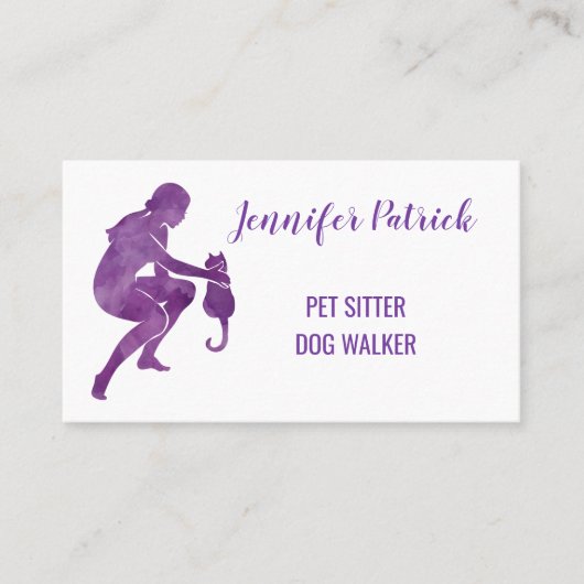 ペット付き添いのドッグウォーカーの水彩画猫のシルエット 名刺 (正面)