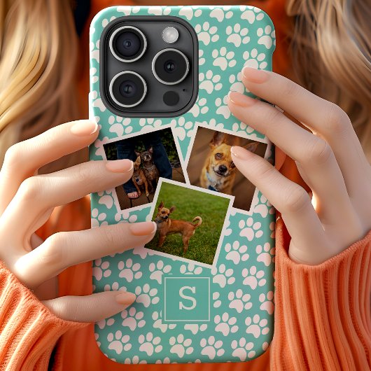 ペット写真コラージュ付きパウプリントモノグラム入りiPhoneケース(ターコイズブルー) Case-Mate iPhoneケース