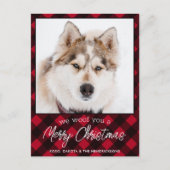 ペット写真パーソナライズされた赤い格子模様メリークリスマス シーズンポストカード (正面)