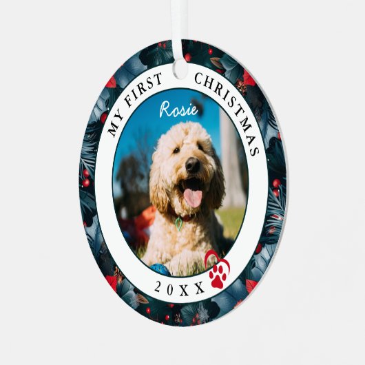 ペット写真マイ初めてのクリスマス犬 メタルオーナメント (正面左)