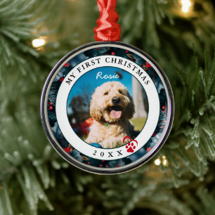 ペット写真マイ初めてのクリスマス犬 メタルオーナメント