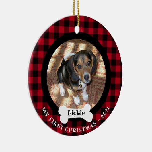 ペット初めてのクリスマスバッファロープレイド2枚の写真2面 セラミックオーナメント (右)