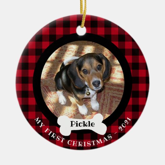 ペット初めてのクリスマスバッファロープレイド2枚の写真2面 セラミックオーナメント (正面)