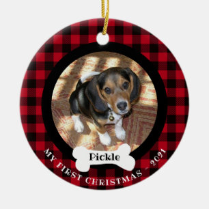 ペット初めてのクリスマスバッファロープレイド2枚写真2面 セラミックオーナメント