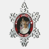 ペット初めてのクリスマスフォトレッドブラックバッファローチェック スノーフレークピューターオーナメント (右)