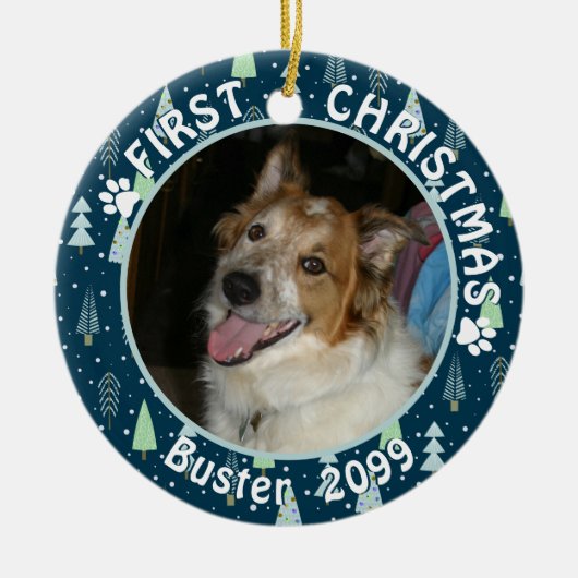 ペット初めてのクリスマスブルーグリーンツリーズ セラミックオーナメント (正面)