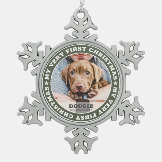 ペット初めてのクリスマスモダンのカスタム写真記念 スノーフレークピューターオーナメント (正面)