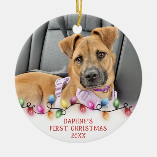 ペット初めてのクリスマスライト2枚パーソナライズされた写真 セラミックオーナメント (正面)