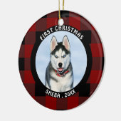 ペット初めてのクリスマスレッドバッファローチェックパーソナライズされた セラミックオーナメント (左)