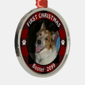 ペット初めてのクリスマス素朴赤い黒い格子柄の写真 メタルオーナメント (右)