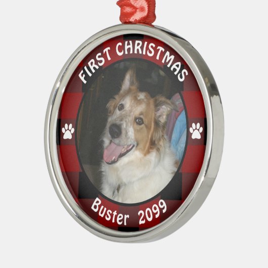 ペット初めてのクリスマス素朴赤い黒い格子柄の写真 メタルオーナメント (左)