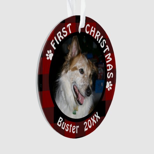 ペット初めてのクリスマス2フォトレッド&ブラックプレイド オーナメント (正面)