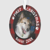 ペット初めてのクリスマス2フォトレッド&ブラックプレイド オーナメント (正面)