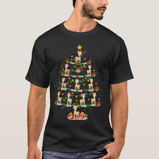 ペット動物クリスマスライトサンタアルパカクリスマスツリー Tシャツ (正面)