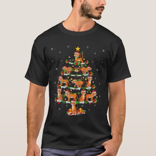 ペット動物クリスマスライトサンタタイガークリスマスツリー Tシャツ (正面)