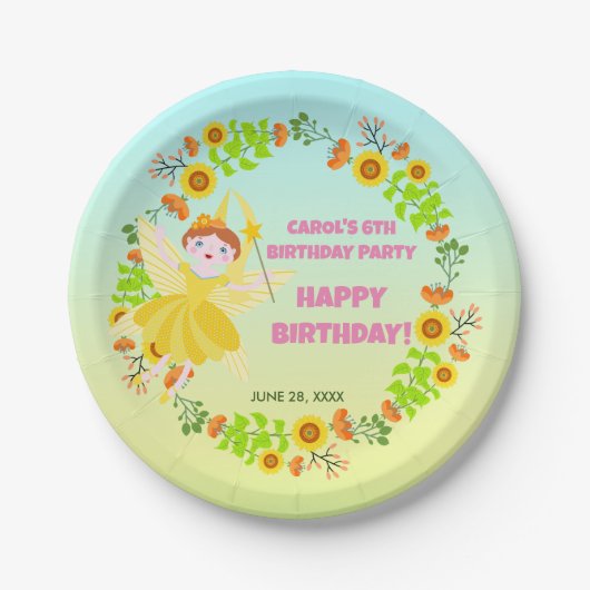 ペット友達と一緒の庭の妖精の誕生日パーティー ペーパープレート (正面)