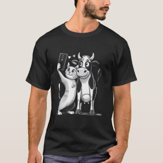 ペット向けの面白くてかわいい猫と牛の自撮りデザインE Tシャツ