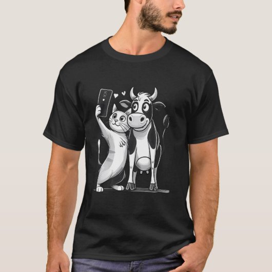 ペット向けの面白くてかわいい猫と牛の自撮りデザインE Tシャツ (正面)